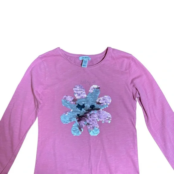 Okaïdi Girls Pink Sequin Flower Graphic Long Sleeve Cotton Top | Size 8Y - Picture 3 of 7